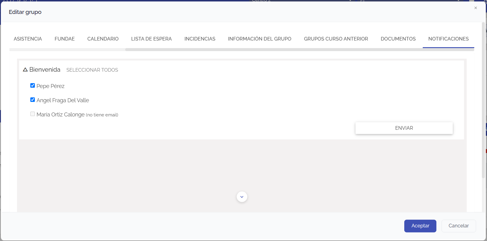 Pestaña "Notificaciones" del grupo